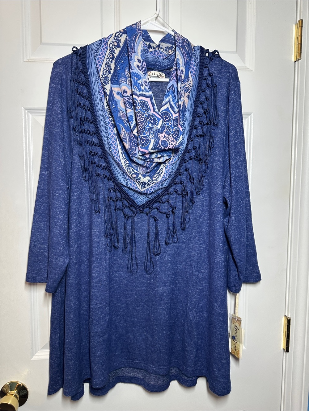 NWT World Unity Womens Knit Tunic w/detachable Paisley Fringe Scarf Sz XL